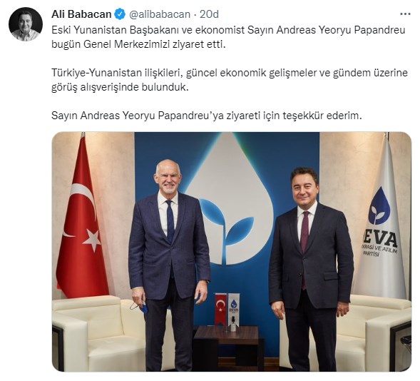 Yunanistan eski Başbakanı Papandreou, Türkiye DEVA Partisi Genel Başkanı Babacan ile görüştü